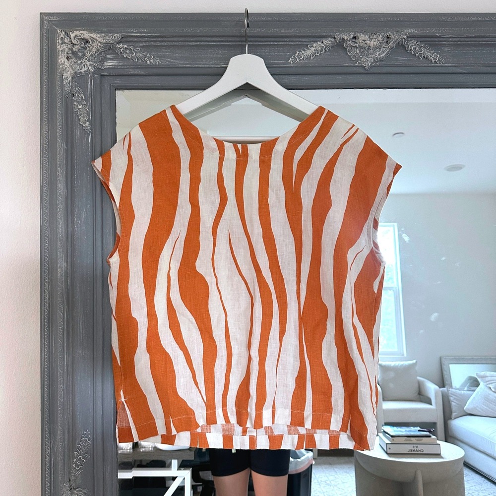 Rachel Zoe Orange Zebra Stripe 100% Linen Button Back Sleeveless Boxy Top
